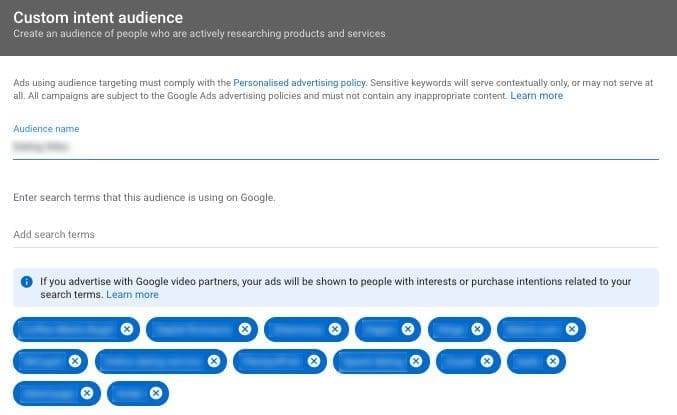 youtube ad custom intent audience vidtao