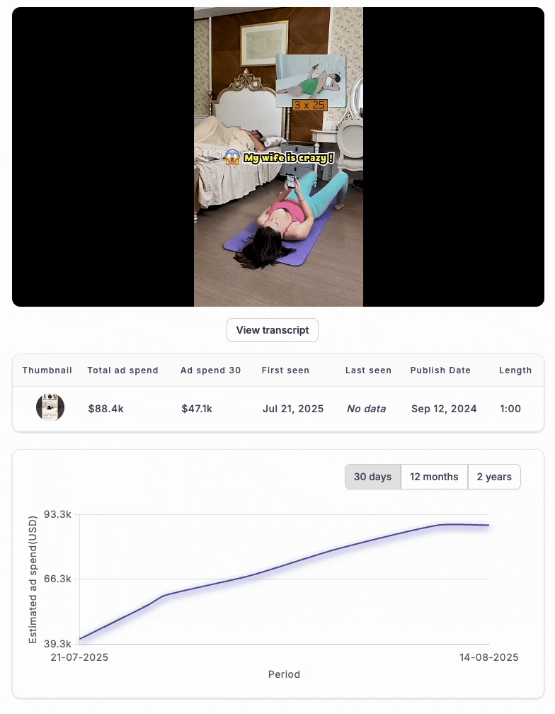 home workout program ad inside the best Youtube ad spy tool